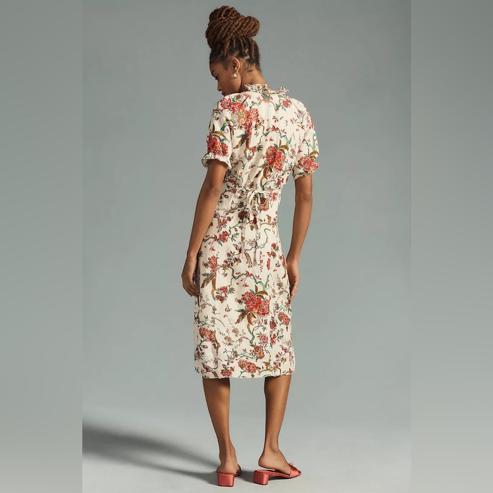 Pilcro by Anthropologie Floral Dress Beige Multi Ruffle Collar Button Lined - Picture 3 of 8